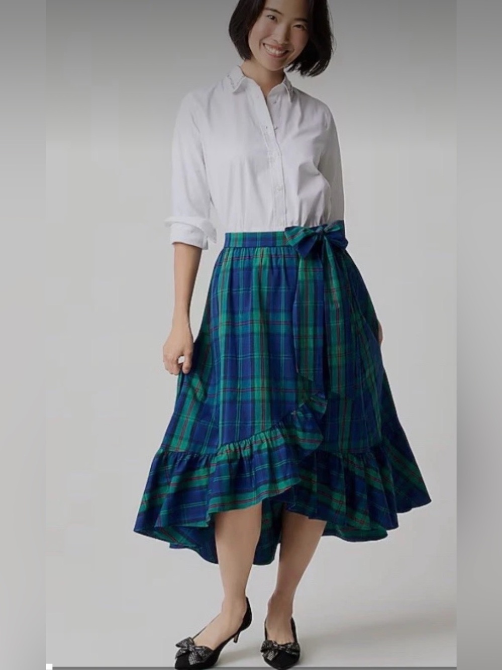 NWT J.Crew Tartan Plaid Wrap Midi Skirt ruffle hi low hem tie waist old money L - Picture 5 of 8